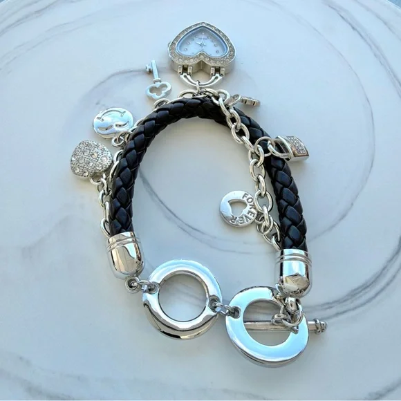 Silver-Tone Rhinestone Heart Quartz Watch Charm Bracelet ~ Needs New Battery - Picture 5 of 7